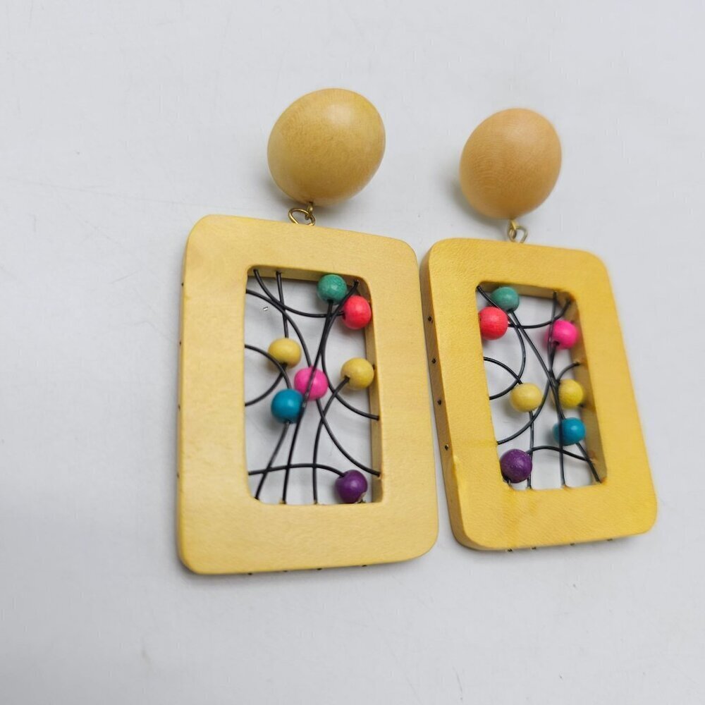 Vintage 1980s Yellow Wooden Rectangle Earrings With Colorful Bead Accents - Picture 3 of 5
